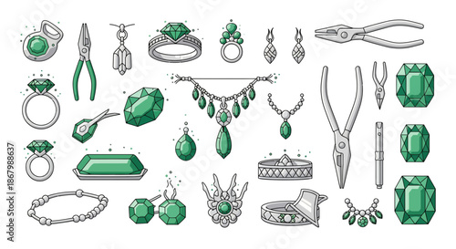 Collection of jewelry and tools for crafting and repairing precious gems and accessories.