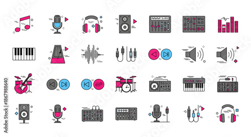 Collection of musical instruments and audio equipment icons for music production.