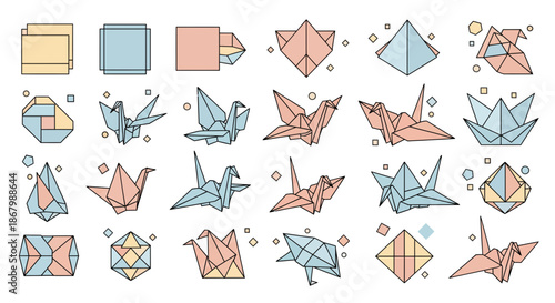 Collection of origami paper art forms in various shapes and colors creative design.