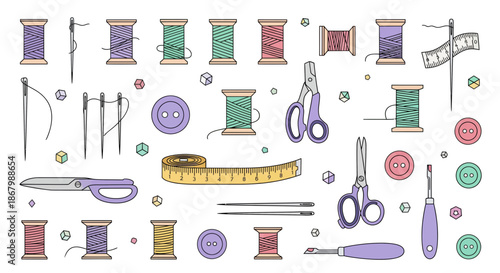 Collection of sewing tools and accessories for crafting and tailoring.