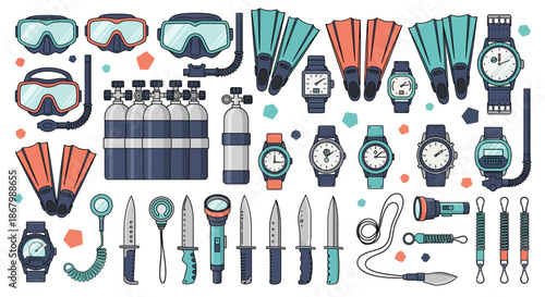 Collection of scuba diving equipment and accessories isolated on white background.