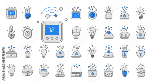 Collection of smart home devices and appliances with wireless connectivity.