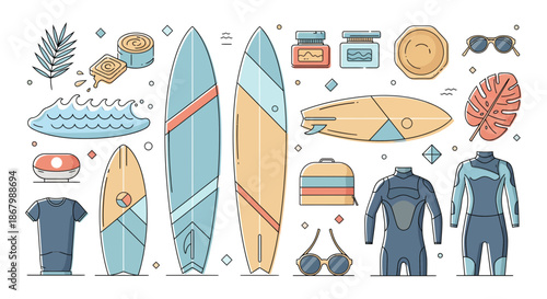 Collection of surfing equipment and accessories for summer beach activities.