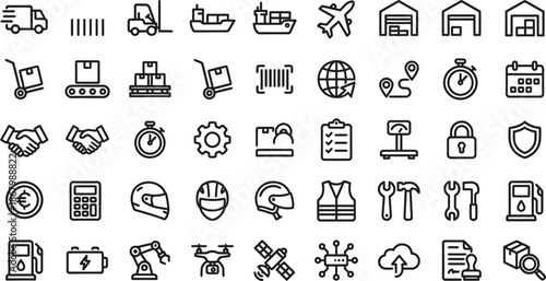 Logistics and Supply Chain Management Icons Set – Warehouse, Delivery, Shipping, Inventory, Bold Outline Style