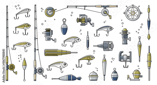 Collection of various fishing equipment and accessories in detailed illustration.
