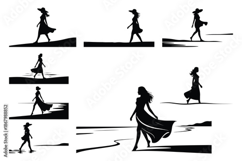 Silhouettes of Women Walking in Dresses on Different Surfaces