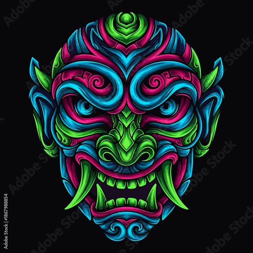 Vibrant colorful tribal mask with swirling patterns and sharp fangs