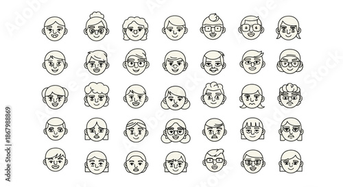 Collection of various handdrawn faces representing diverse emotions and expressions in a line art style.
