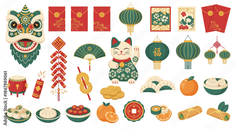 Fototapeta premium Festive Chinese New Year Decorations and Traditional Food Collection.