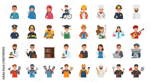 Diverse collection of professional individuals representing various occupations and careers.