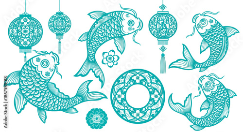 Elegant turquoise koi fish and lanterns design for cultural celebrations and decorations.