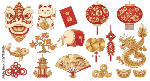 Festive Chinese New Year Decorations and Symbols in a Colorful Illustration.