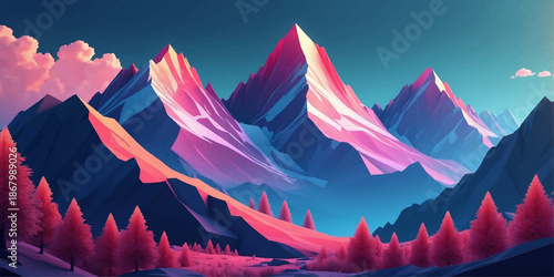 A panoramic winter landscape featuring snow-covered mountains and a pine forest under a vibrant sunrise sky with misty clouds drifting over the valley at dawn