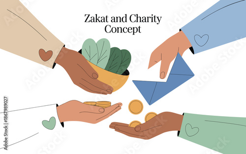 Charity and zakat concept illustration with hands exchanging donations and gifts Vector illustration