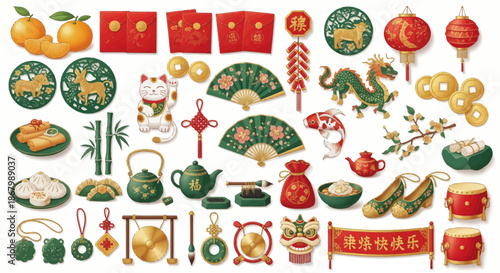 Festive Chinese New Year Decorations and Symbols in a Colorful Arrangement.