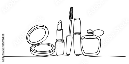 A minimalist continuous single line drawing showcasing a set of essential beauty and cosmetic products
