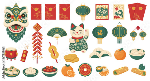 Festive Chinese New Year Decorations and Traditional Food Collection.