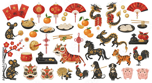 Festive Chinese New Year Decorations and Zodiac Animals in a Colorful Illustration.