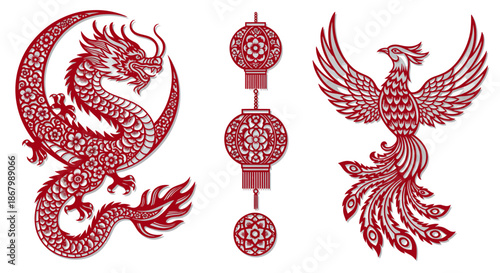 Intricate Chinese Dragon Lanterns and Phoenix A Cultural Celebration.
