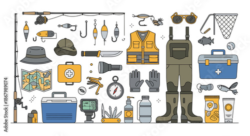 Fishing gear and equipment collection essential tools for angling activities.