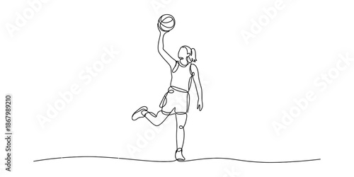 Continuous line art drawing of a female basketball player reaching for a shot