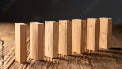 Seven light-brown wooden blocks, lined up on a textured wooden table, against a dark backdrop