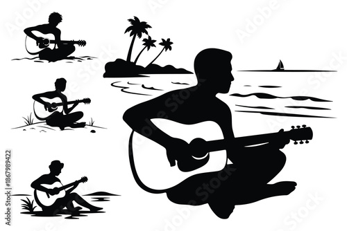 Silhouette of man playing guitar on beach with palm trees