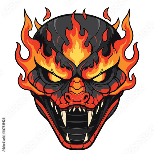 Fierce dragon head with flames on black background