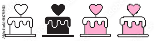 Valentine Day cake icon set with heart. Includes line with editable stroke, solid silhouette, color fill, and pixel art styles. Sweet bakery dessert vector illustration isolated on white.