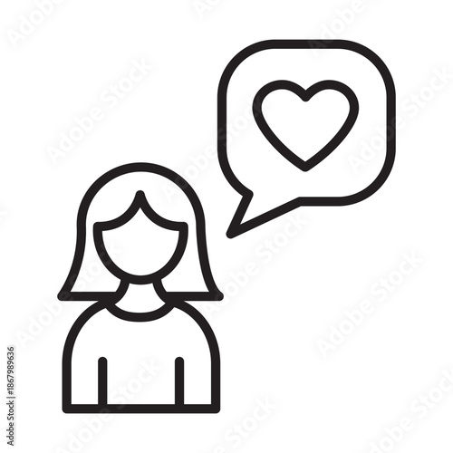 Linear vector icon of woman avatar with heart in speech bubble, editable stroke. Romantic communication, love message or dating app profile symbol. Black outline isolated on white.