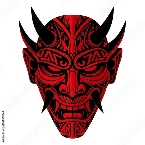 Vibrant red tribal mask on black background for design projects