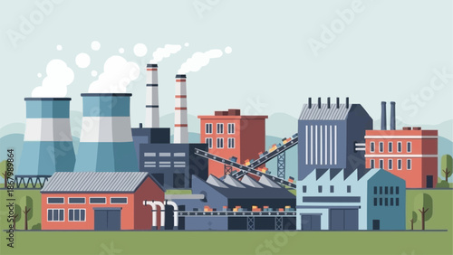 Industrial factory complex with smoking chimneys and buildings.
