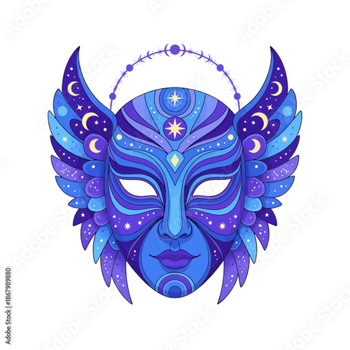 Vibrant celestial mask with wings and moon phases on black