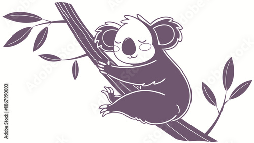 Cuddly koala resting peacefully on tree branch with leaves