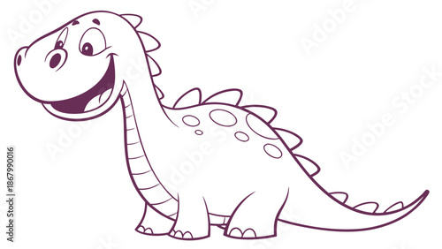 Friendly cartoon dinosaur with a happy smile and purple outline