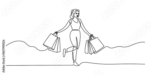 Happy woman walking and carrying multiple shopping bags in continuous line art style
