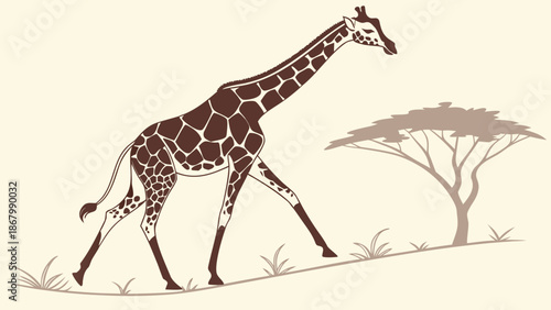Majestic giraffe walking in savannah landscape with tree