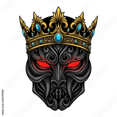 Evil king with red eyes wearing a golden crown on black background