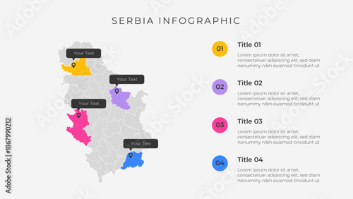 Serbia map infographic template with 4 options. Serbia administrative map infographic for presentation.