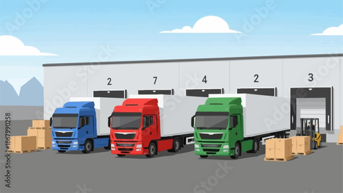 Three colorful trucks parked at a warehouse loading dock with boxes.