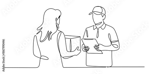 A customer receives a package from a courier, continuous line drawing