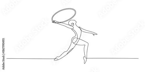 Elegant rhythmic gymnastics hoop performance depicted in a continuous single line drawing