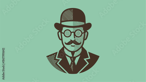 Vintage gentleman portrait with bowler hat and spectacles.