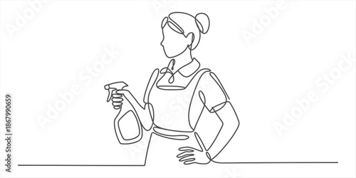 Professional cleaning woman with spray bottle in minimalist continuous line art style