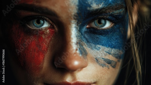 Intense Close-Up of Woman with Face Paint and Vibrant Blue Red Colors