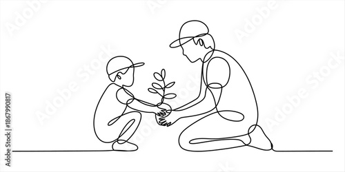 Continuous line art of a parent teaching a child to plant a small tree seedling