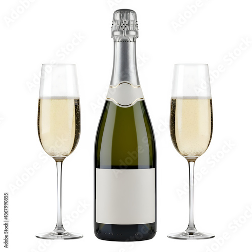 Wallpaper Mural Sparkling wine bottle with blank labels and two glasses, perfect for celebration, branding, and festive design. Isolated on white or transparent background. PNG format. Torontodigital.ca