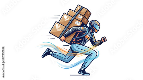 Fast delivery courier running with packages on his back delivering goods quickly.