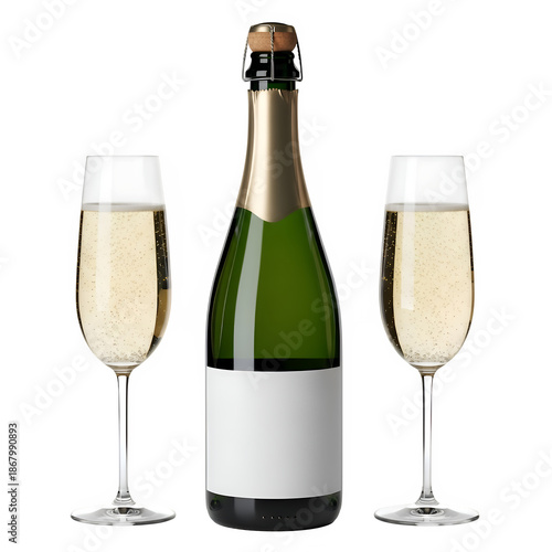 Wallpaper Mural Sparkling wine bottle with blank labels and two glasses, perfect for celebration, branding, and festive design. Isolated on white or transparent background. PNG format. Torontodigital.ca