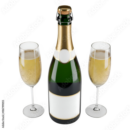 Wallpaper Mural Sparkling wine bottle with blank labels and two glasses, perfect for celebration, branding, and festive design. Isolated on white or transparent background. PNG format. Torontodigital.ca